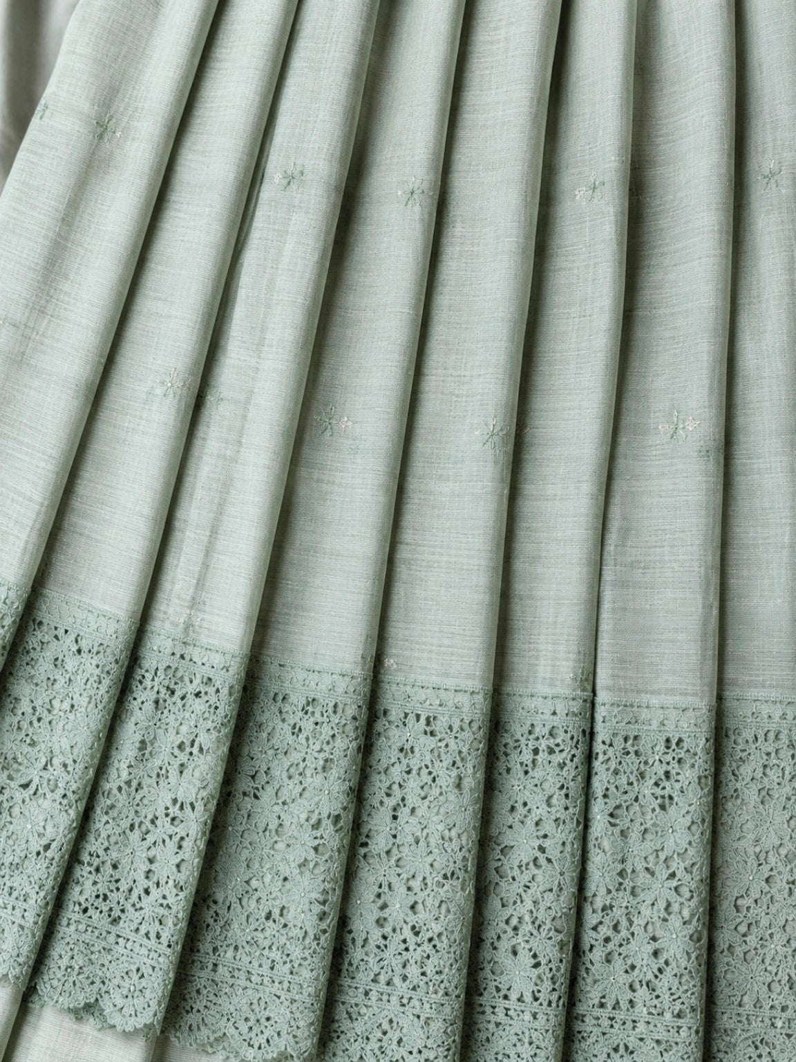 Sage Green Tussar Silk Cut Work Border Saree with Delicate Floral Embroidery