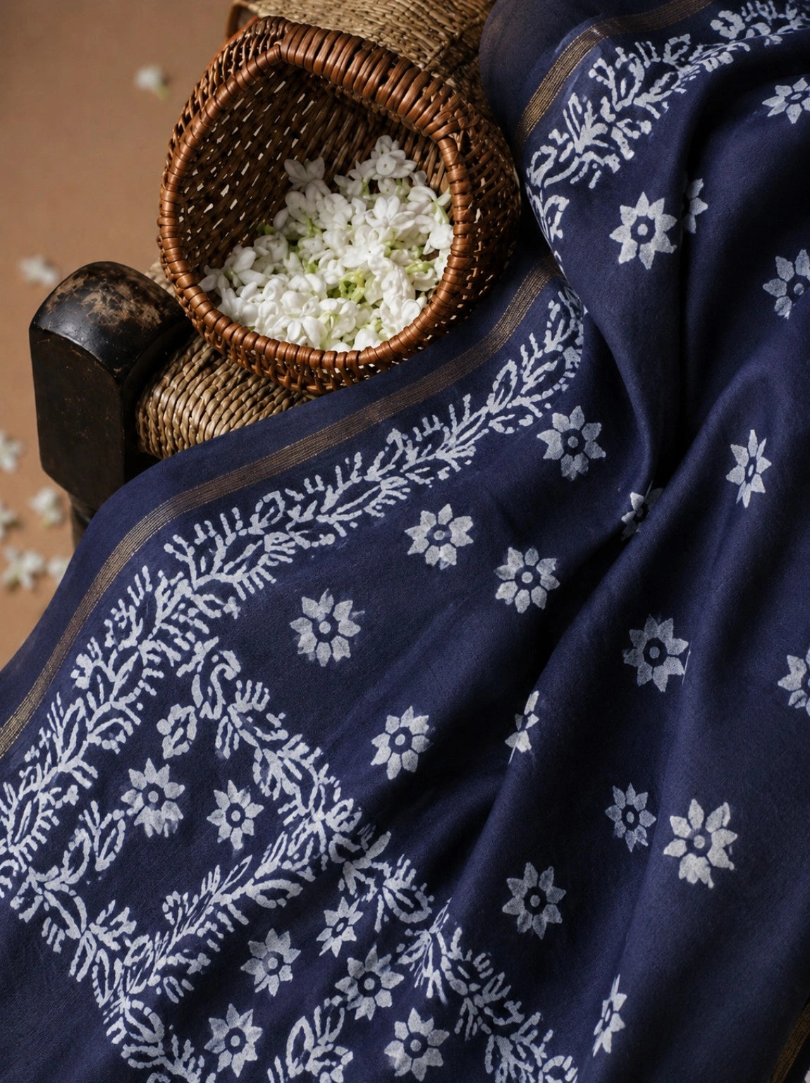 Navy Blue Bagru Print Silk Saree with White Floral Motifs and Traditional Border