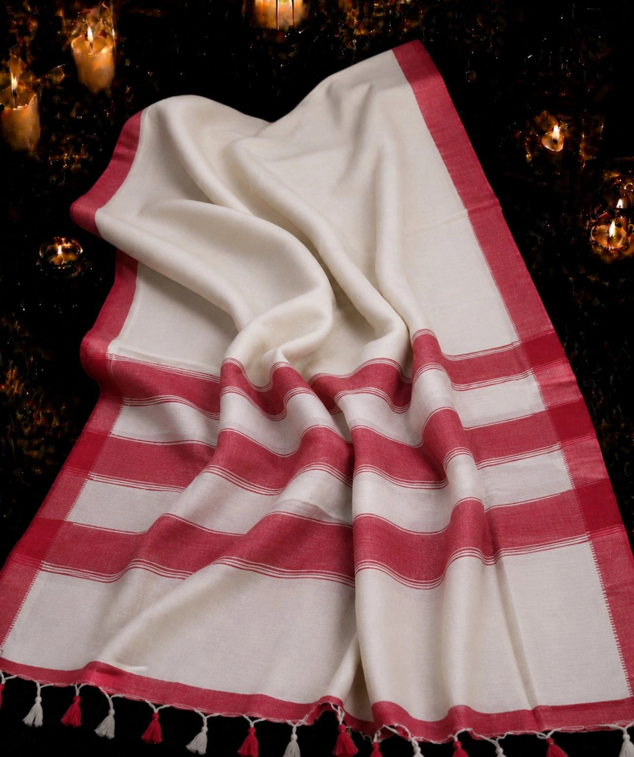 WEVOW Red & White Handloom Style Cotton Saree with Striped Pallu and Tassel Border