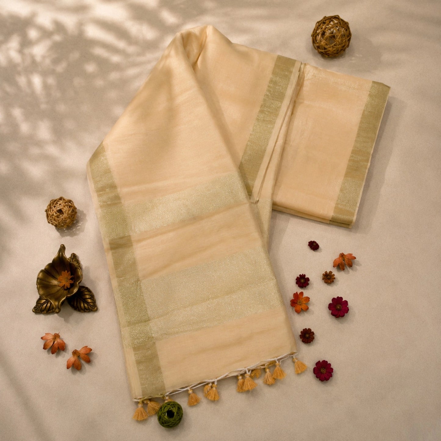 Cream Linen Saree with Subtle Gold Woven Border and Tassel Detailing