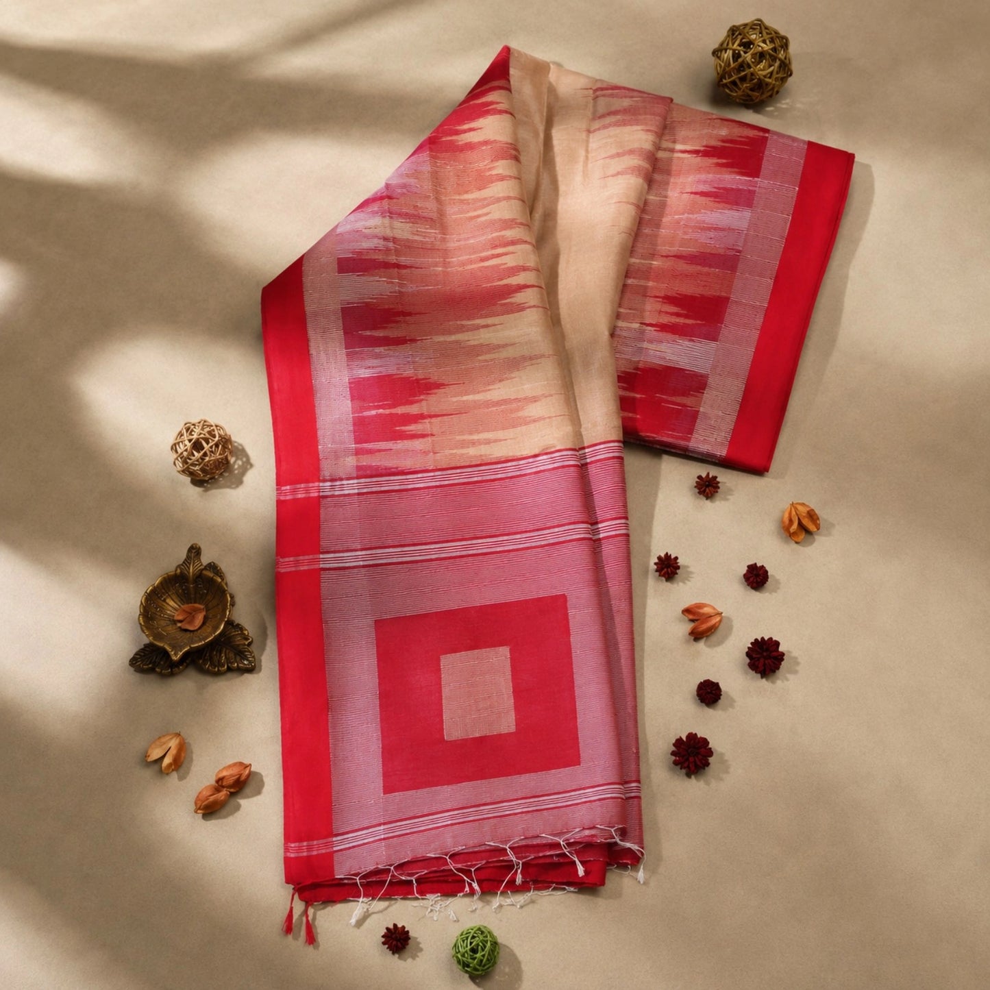 Coral Pink Handloom Ikkat Saree with Off-White Body and Traditional Woven Border