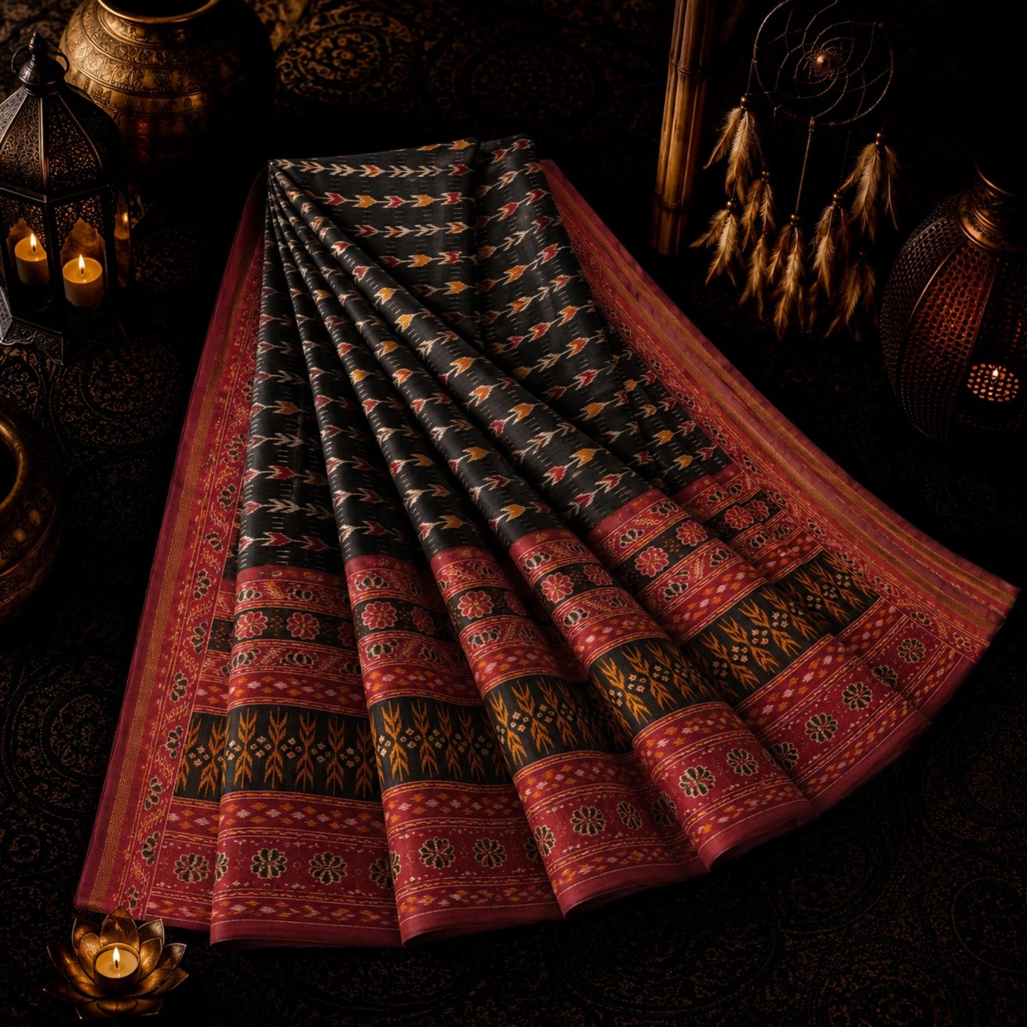 Black Chanderi Cotton Saree with Ikat-Inspired Woven Motifs & Maroon Floral Border