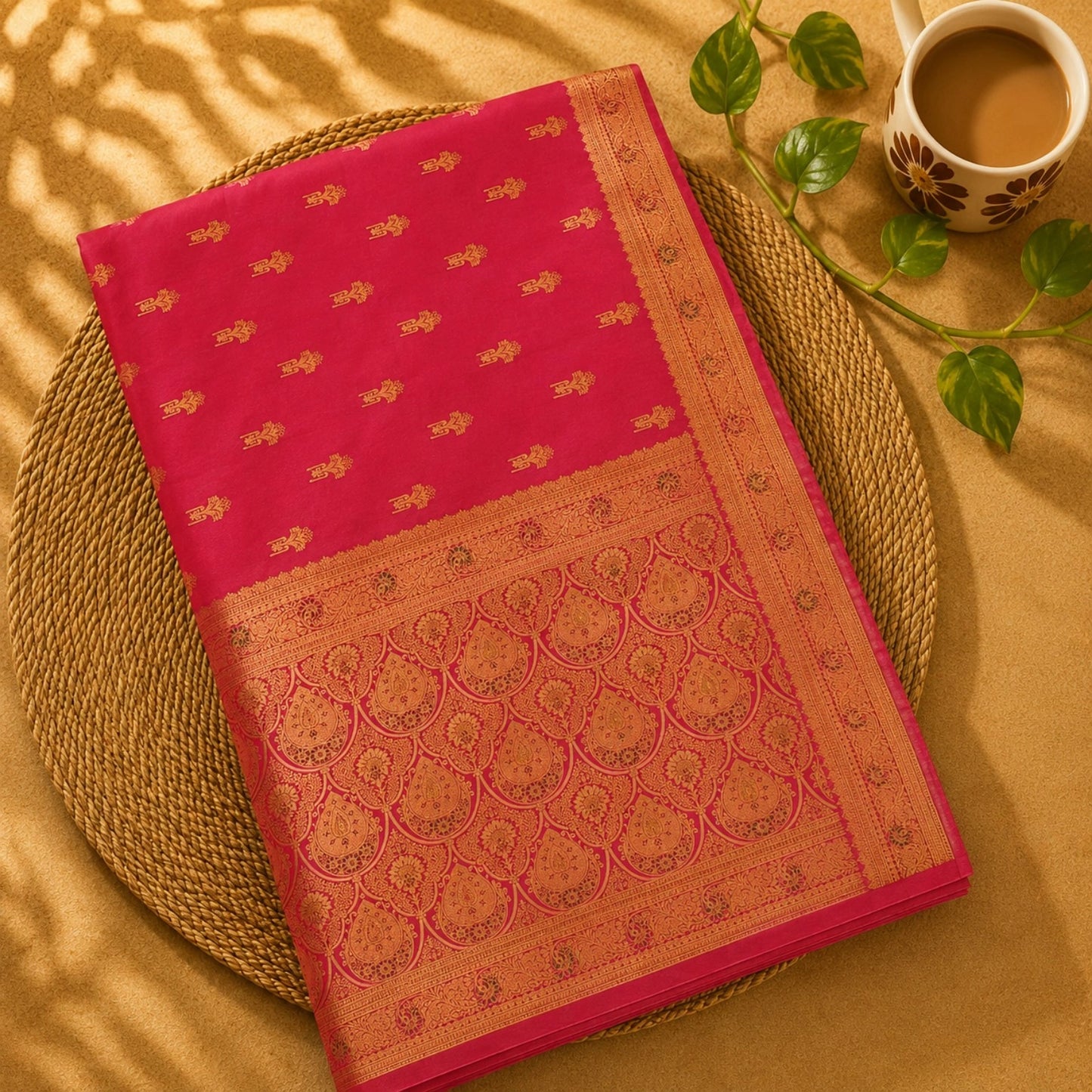 Pink Semi Katan Kanjivaram Silk Saree with Gold Zari Butti & Ornate Heritage Pallu