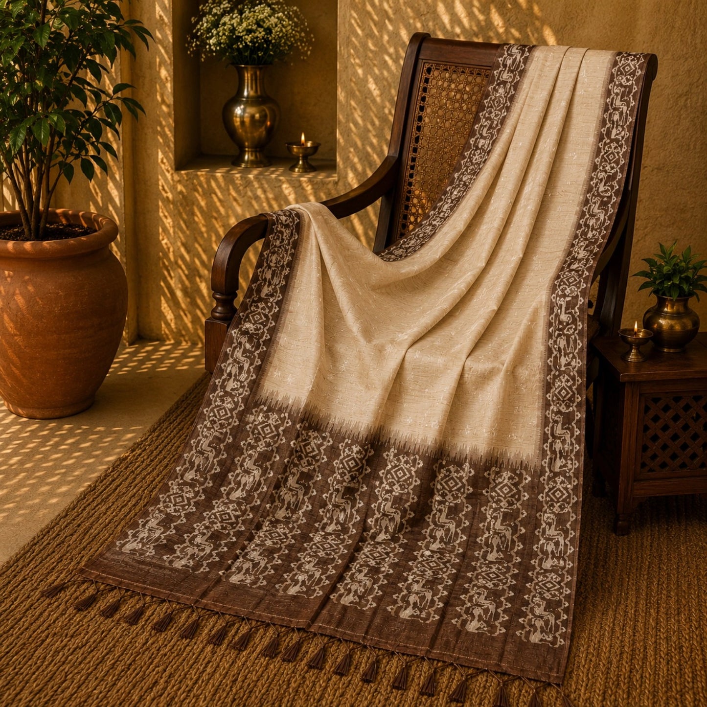 Cream Semi Tussar Jamdani Saree with Brown Woven Tribal Motif Border and Tassel Pallu