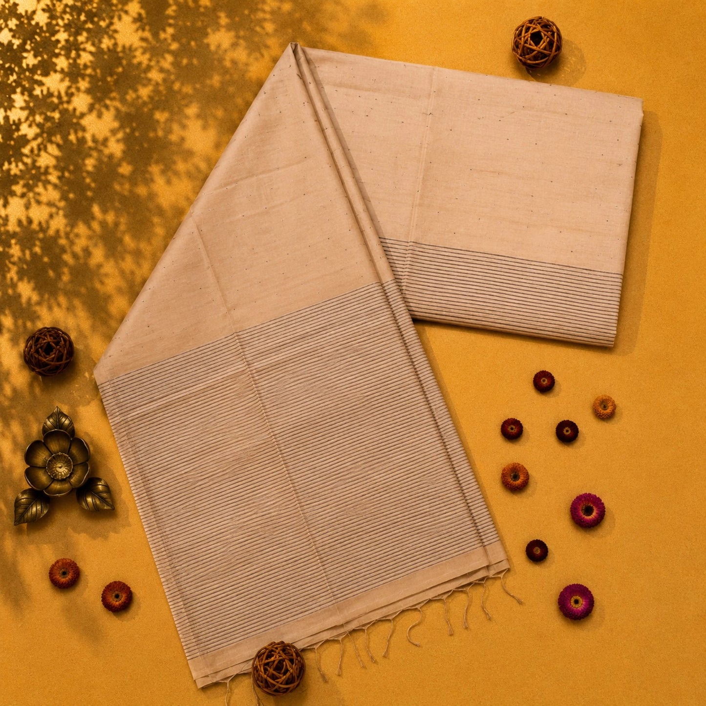 Cream Handloom Pure Cotton Jamdani Saree with Minimal Buti Weaving & Striped Pallu