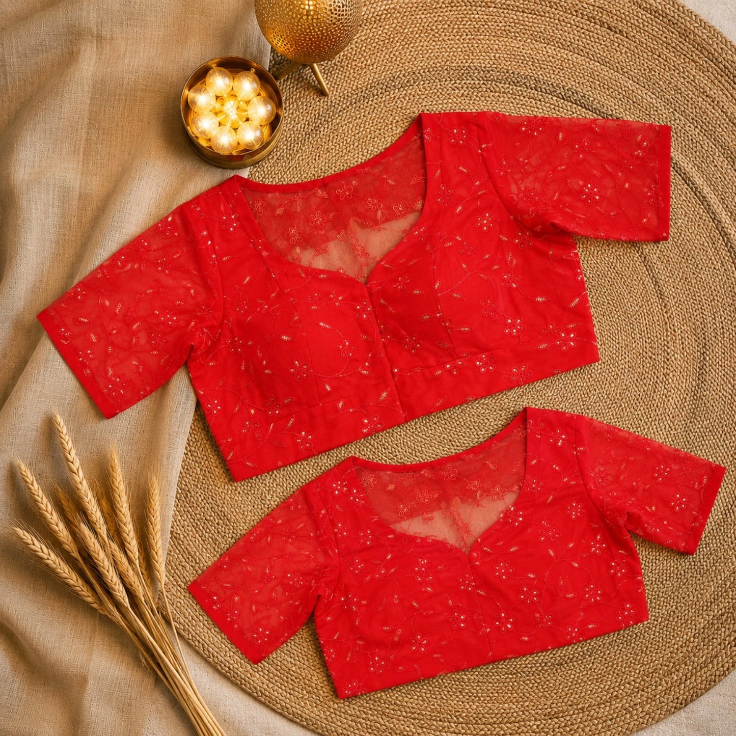 Red Organza Sequence Embroidered Sheer Sleeve Designer Blouse with Sweetheart Neck