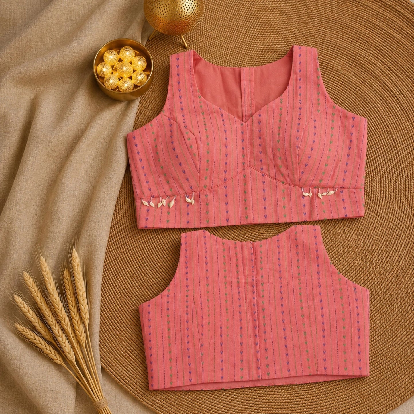 Pink Pure Cotton Padded Sleeveless Embroidered Blouse for Women Heart Motif Ethnic Blouse