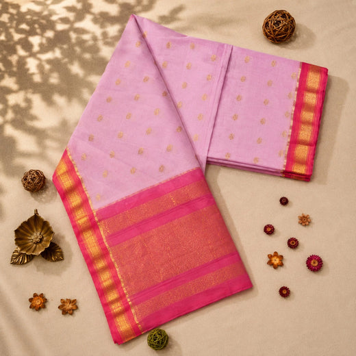 Light Pink Sico Gadwal Silk Cotton Saree with Rani Pink Gold Zari Border
