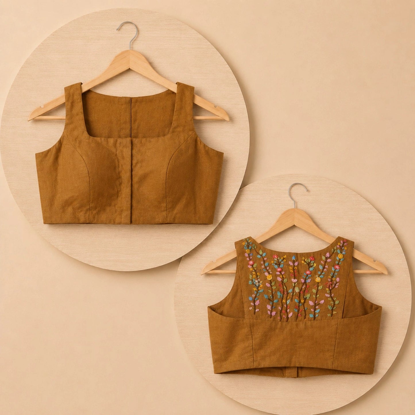 Mustard Brown Pure Cotton Multicolor Floral Thread Work Razor Cut Sleeveless Blouse