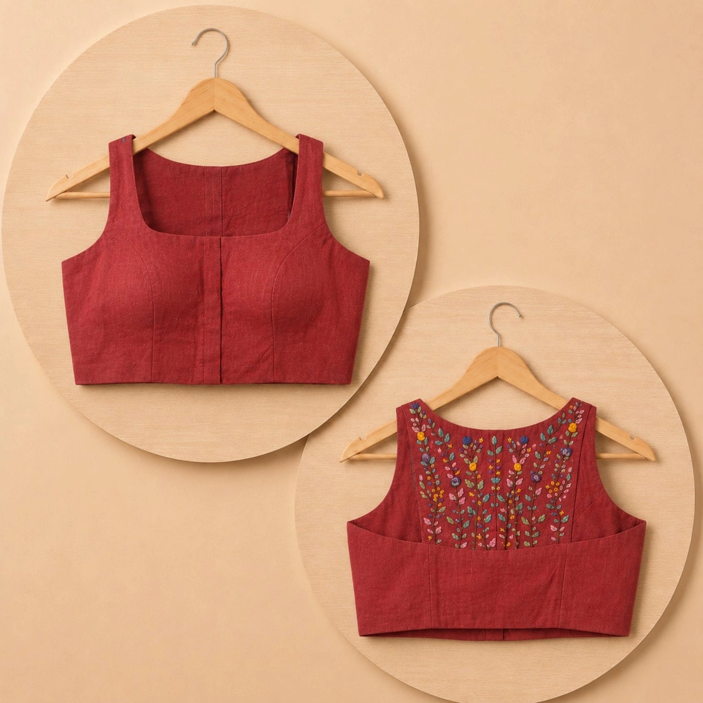 Maroon Pure Cotton Multicolor Floral Thread Work Razor Cut Sleeveless Blouse