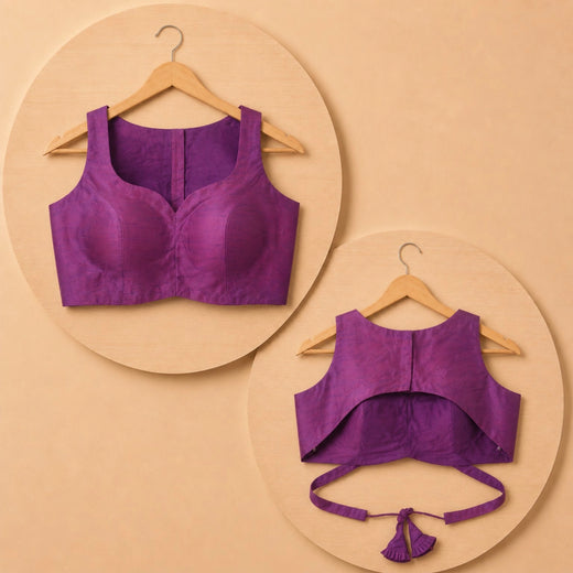 Purple Raw Silk Sweetheart Neck Sleeveless Blouse with Back Tie
