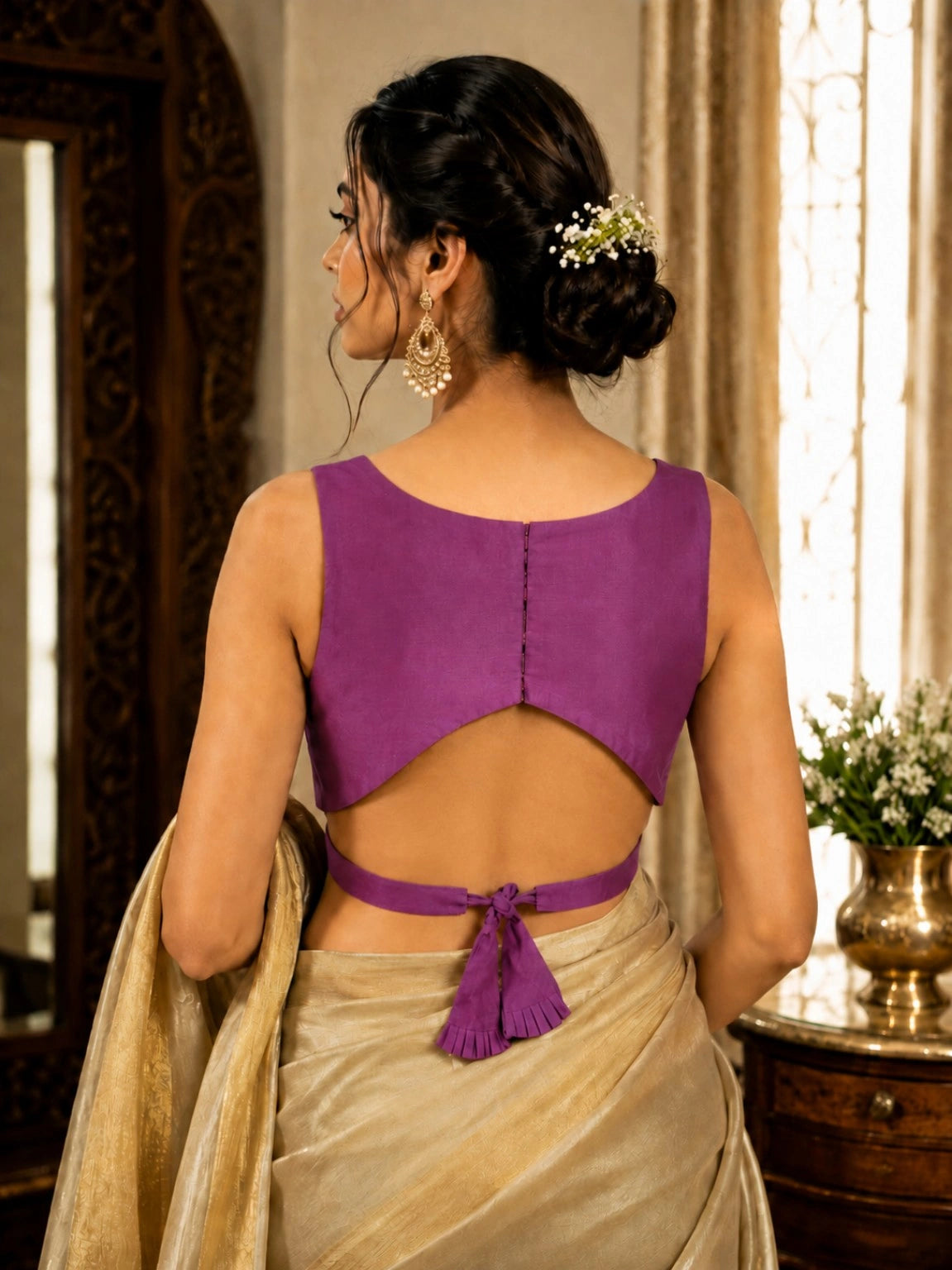 Purple Raw Silk Sweetheart Neck Sleeveless Blouse with Back Tie