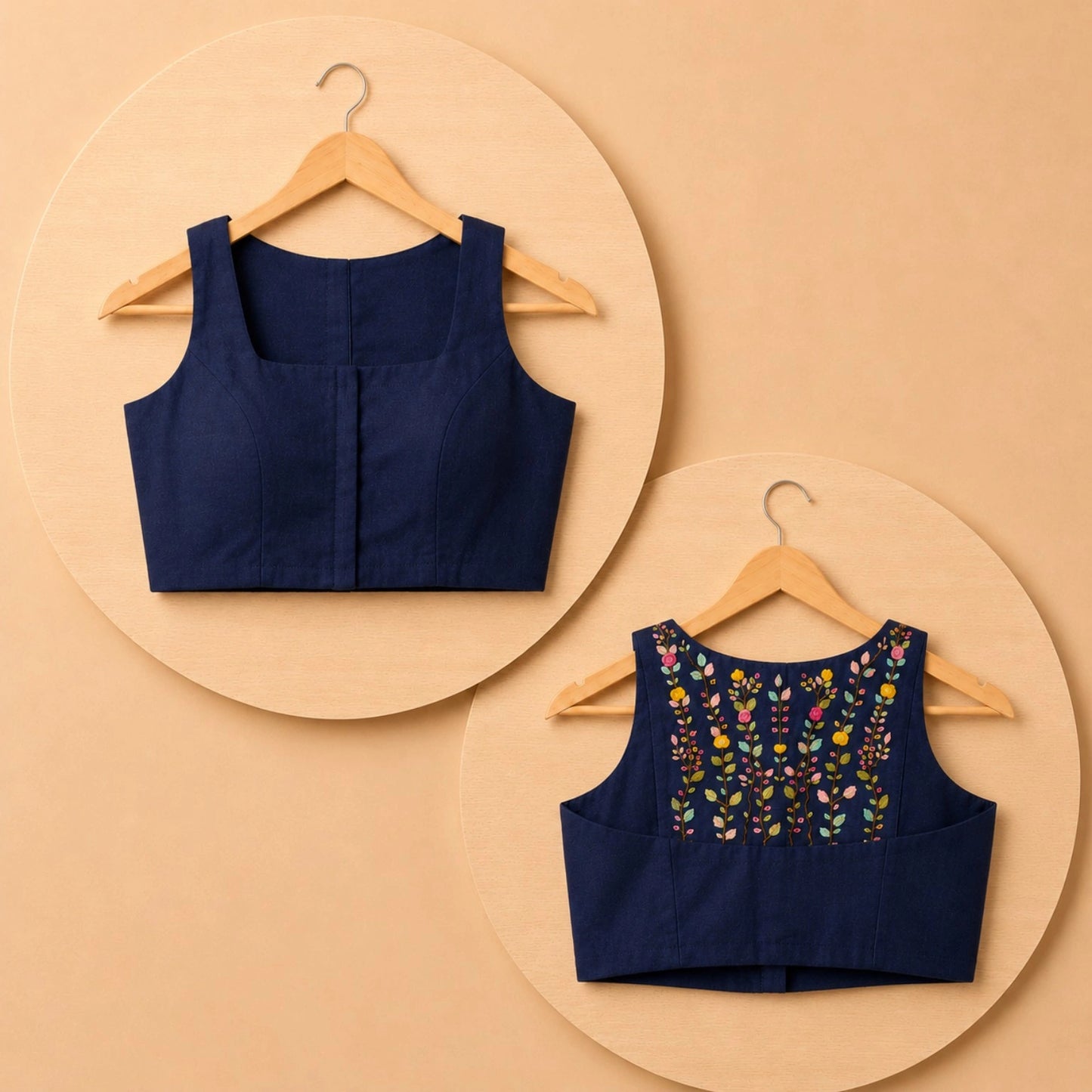 Navy Blue Pure Cotton Razor Cut Square Neck Sleeveless Blouse