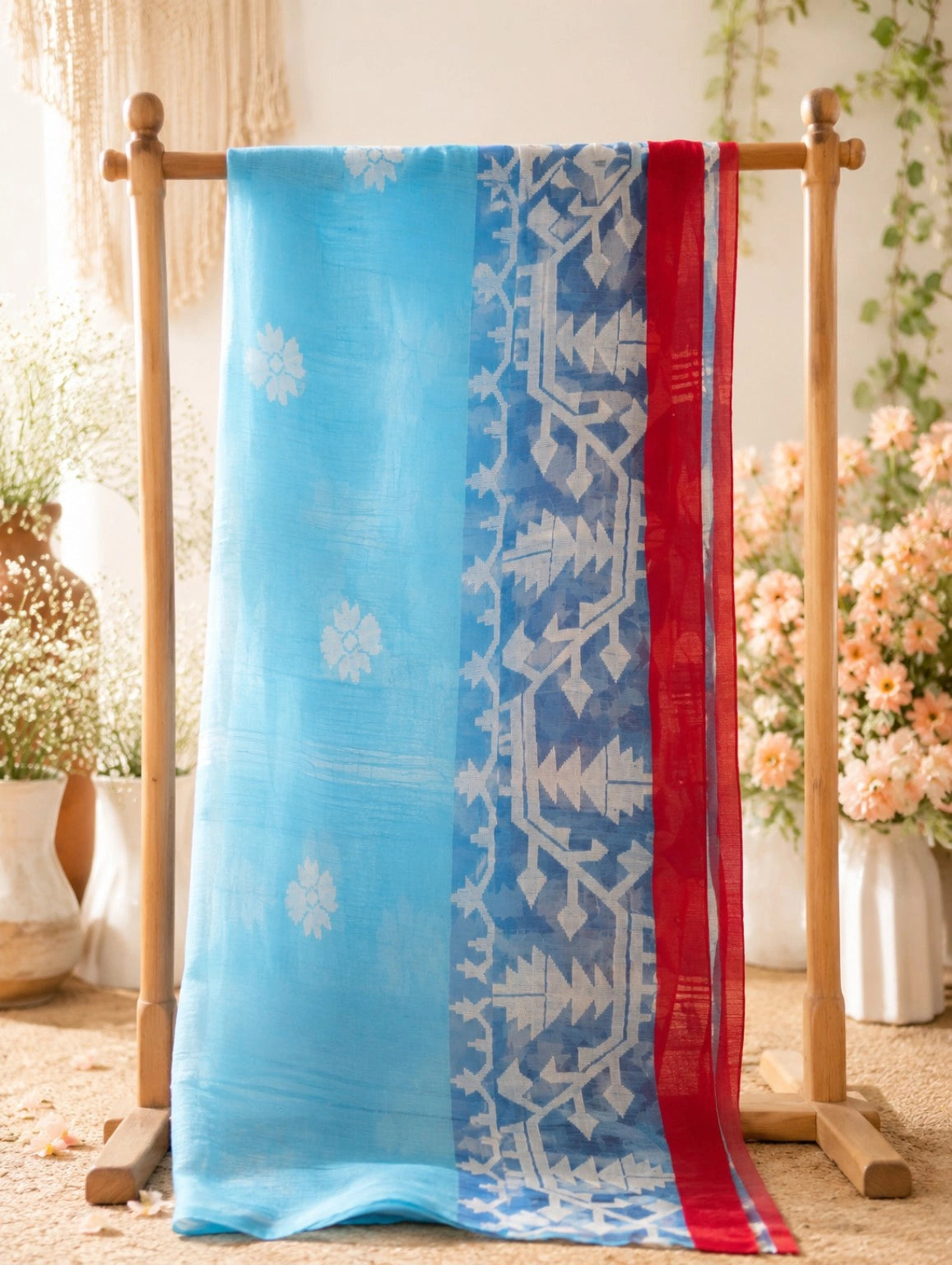 Sky Blue Muslin Jamdani Saree with White Floral Buti and Traditional Red Border Weaving