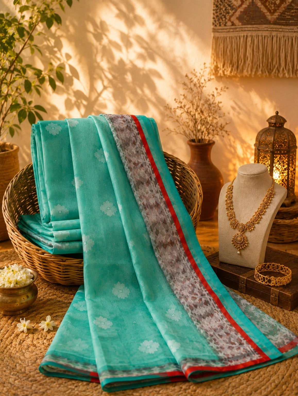 Sea Green Muslin Jamdani Saree with White Floral Buti Weaving and Geometric Designer Border