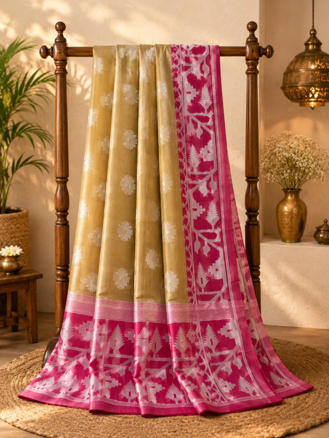 Beige Muslin Jamdani Soft Saree with White Buti Motifs and Pink Traditional Woven Border