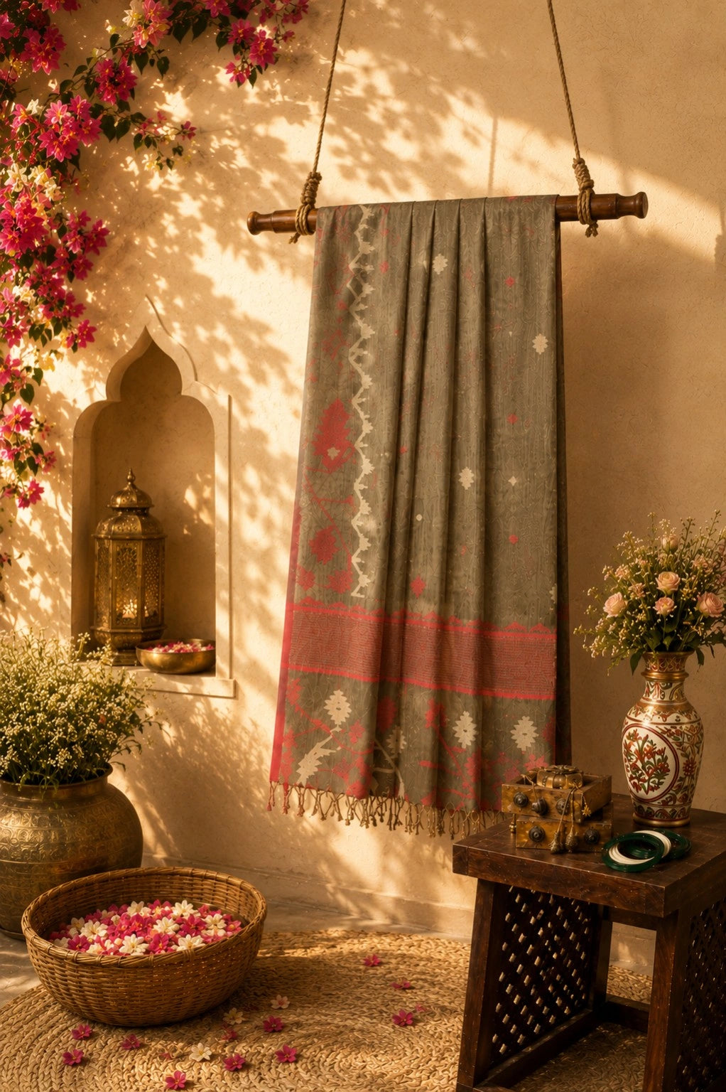 Pure Cotton Hand Weaving Jamdani Saree in Ash Grey with Red Geometric Motifs and Woven Border