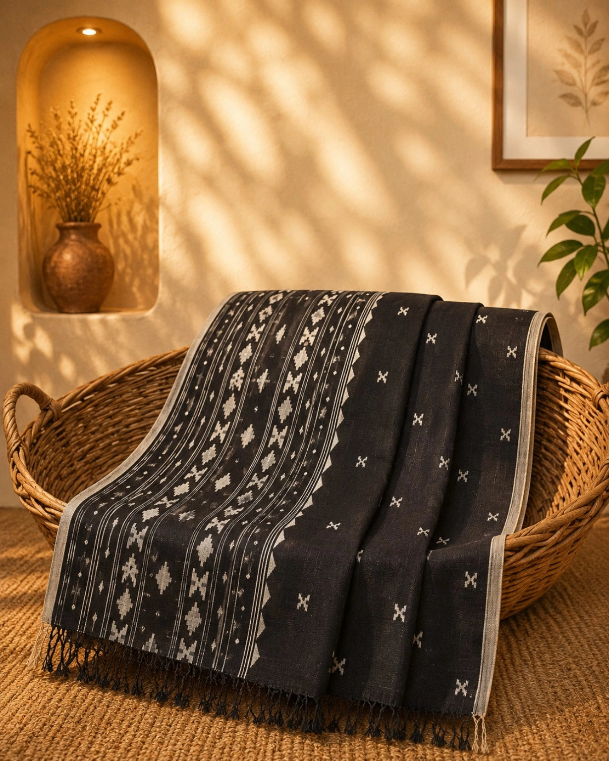 Black Cotton Handloom Saree with White Geometric Woven Motifs and Tribal Inspired Pallu Design