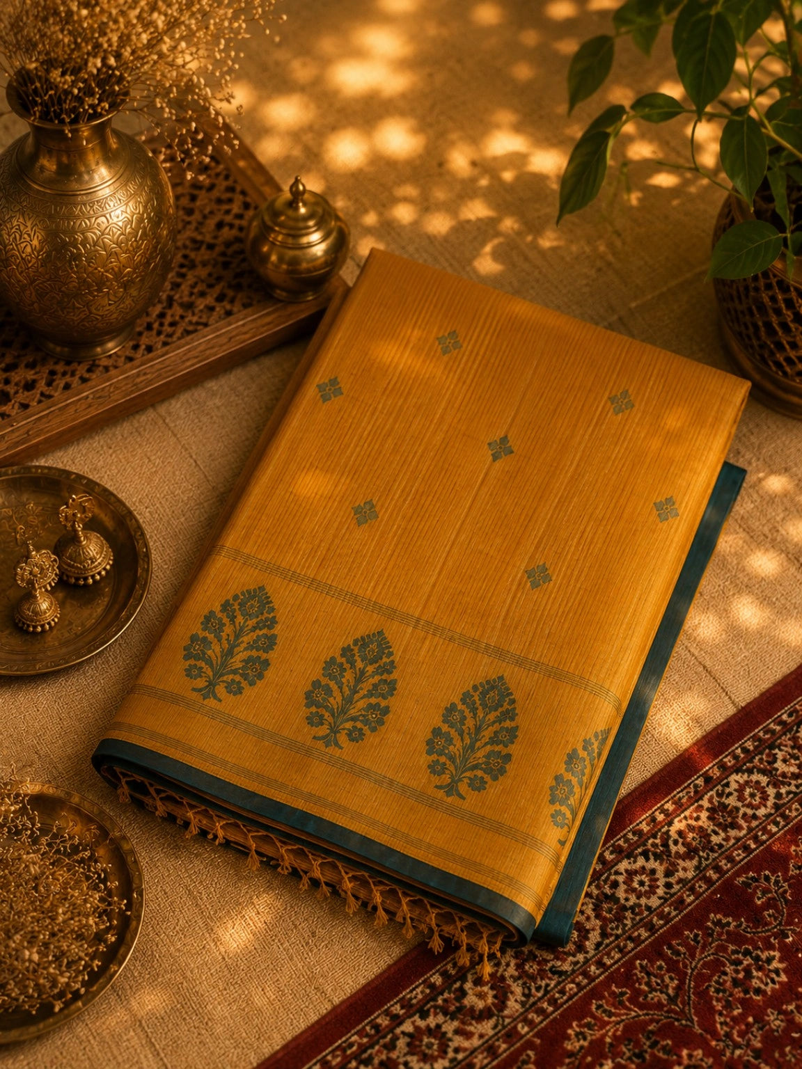 Deep Yellow Pure Cotton Hand Woven Jamdani Saree with Teal Border & Floral Pallu Motifs