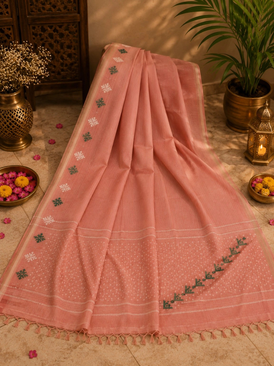 Blush Pink Pure Cotton Jamdani Saree with Floral Buti Border & Geometric Pallu Design