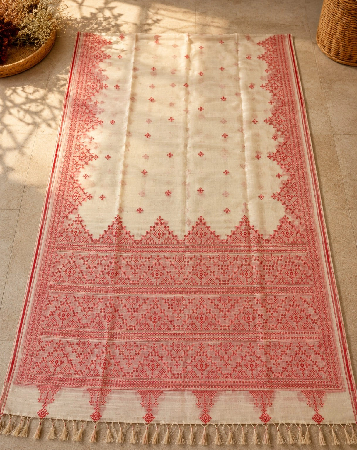 Off White & Red Assamese Embroidery Inspired Tassel Saree