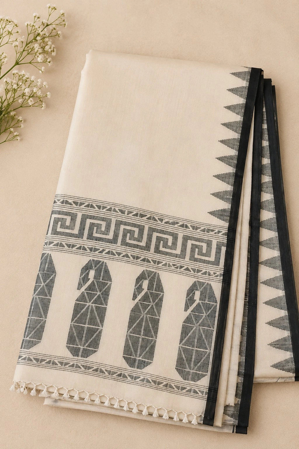 Off White Cotton Tangail Handloom Saree with Black Geometric Tribal Border Design