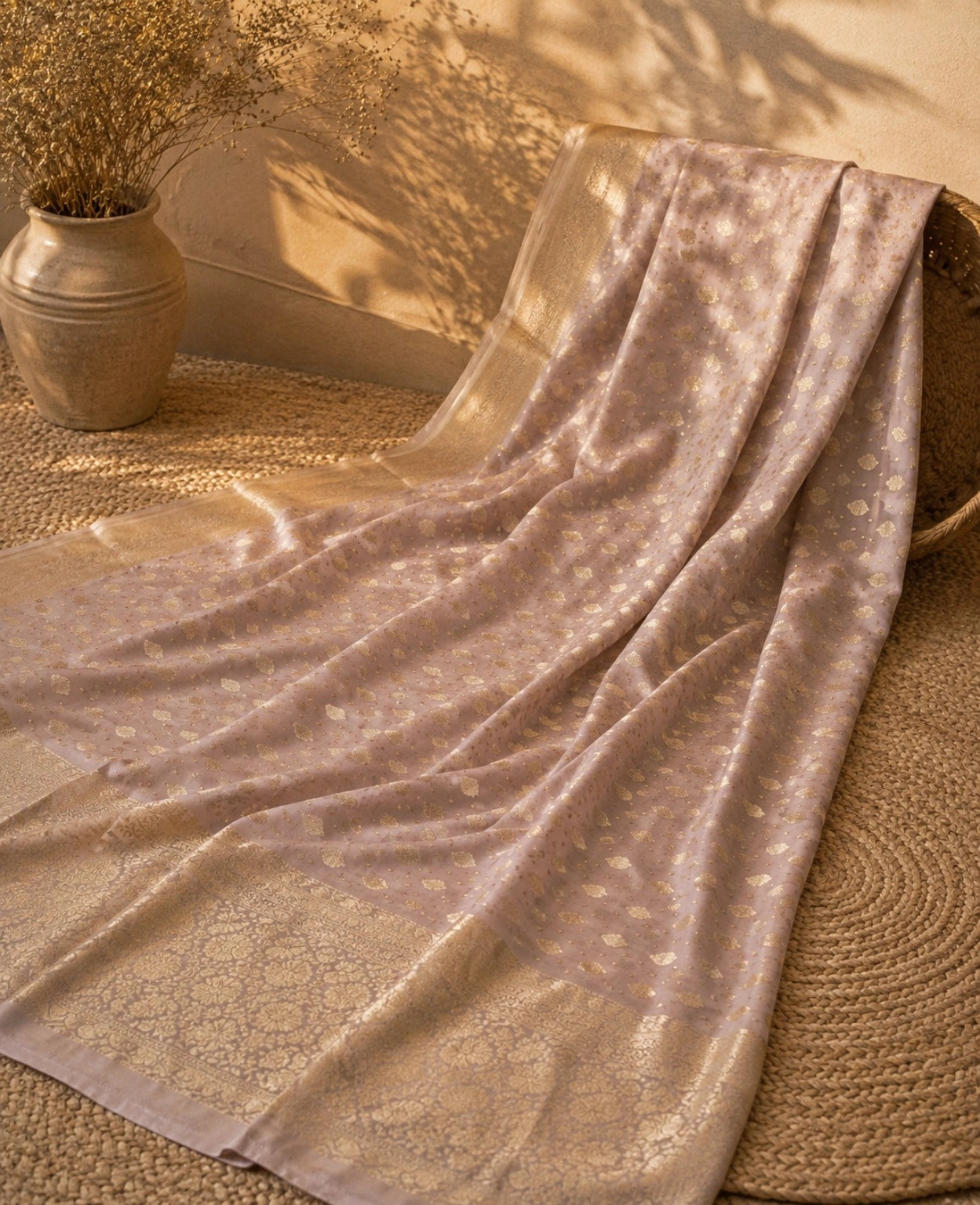 WEVOW Blush Pink Pure Chandari Khaddi Banarasi Saree with Gold Zari Buti & Ornate Woven Pallu