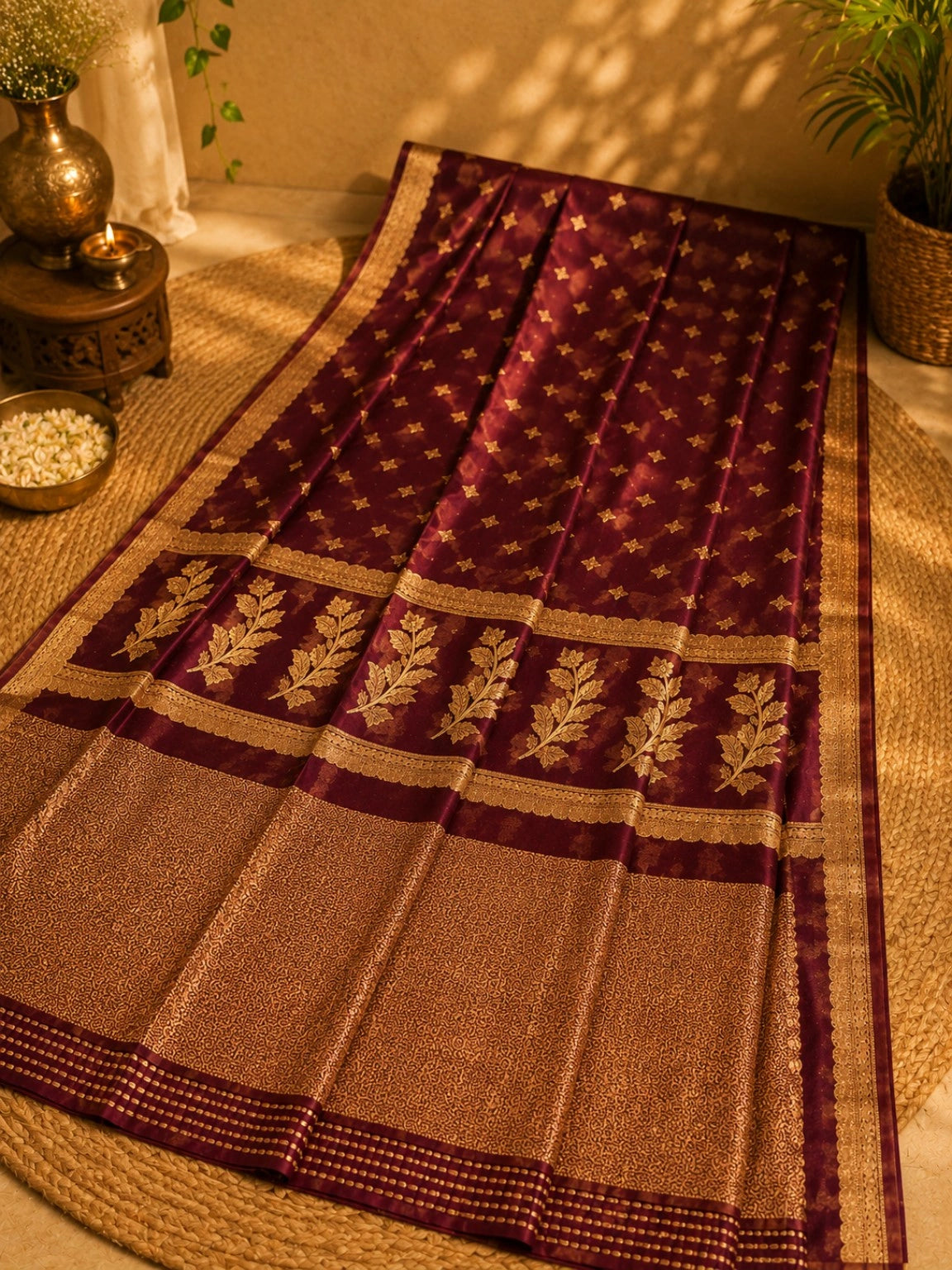 WEVOW Pure Katan Banarasi Saree in Deep Wine Maroon with Gold Buti Weaving & Traditional Border