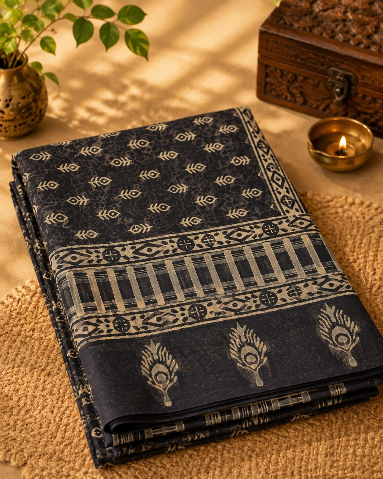 Indigo Linen Print Saree with Tribal Fish Motifs and Peacock Border