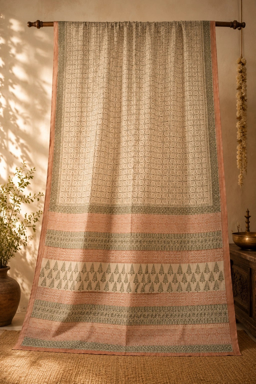 Beige & Dusty Rose Kota Dori Hand Block Print Saree with Botanical Border Design