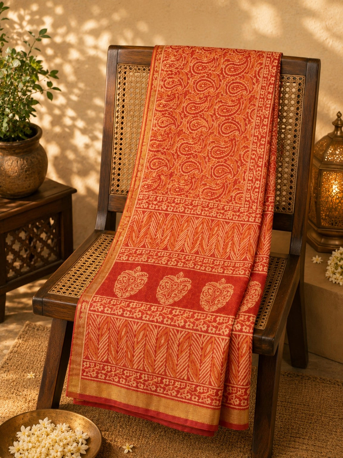 Coral Orange Kota Dori Hand Block Print Saree with Paisley Motifs and Traditional Floral Border