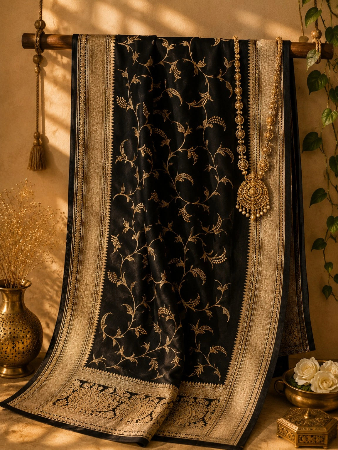 Black Pure Masru Silk Saree with Gold Floral Vine Weaving and Ornate Zari Border