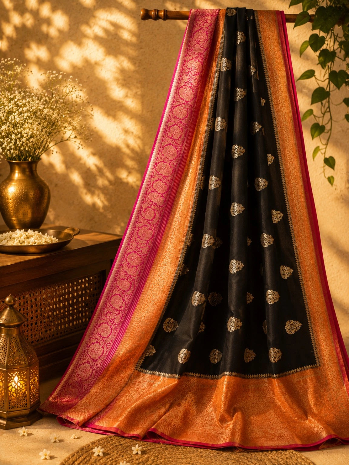 Black Khaddi Banarasi Crepe Silk Saree with Gold Buti Motifs and Pink Zari Border