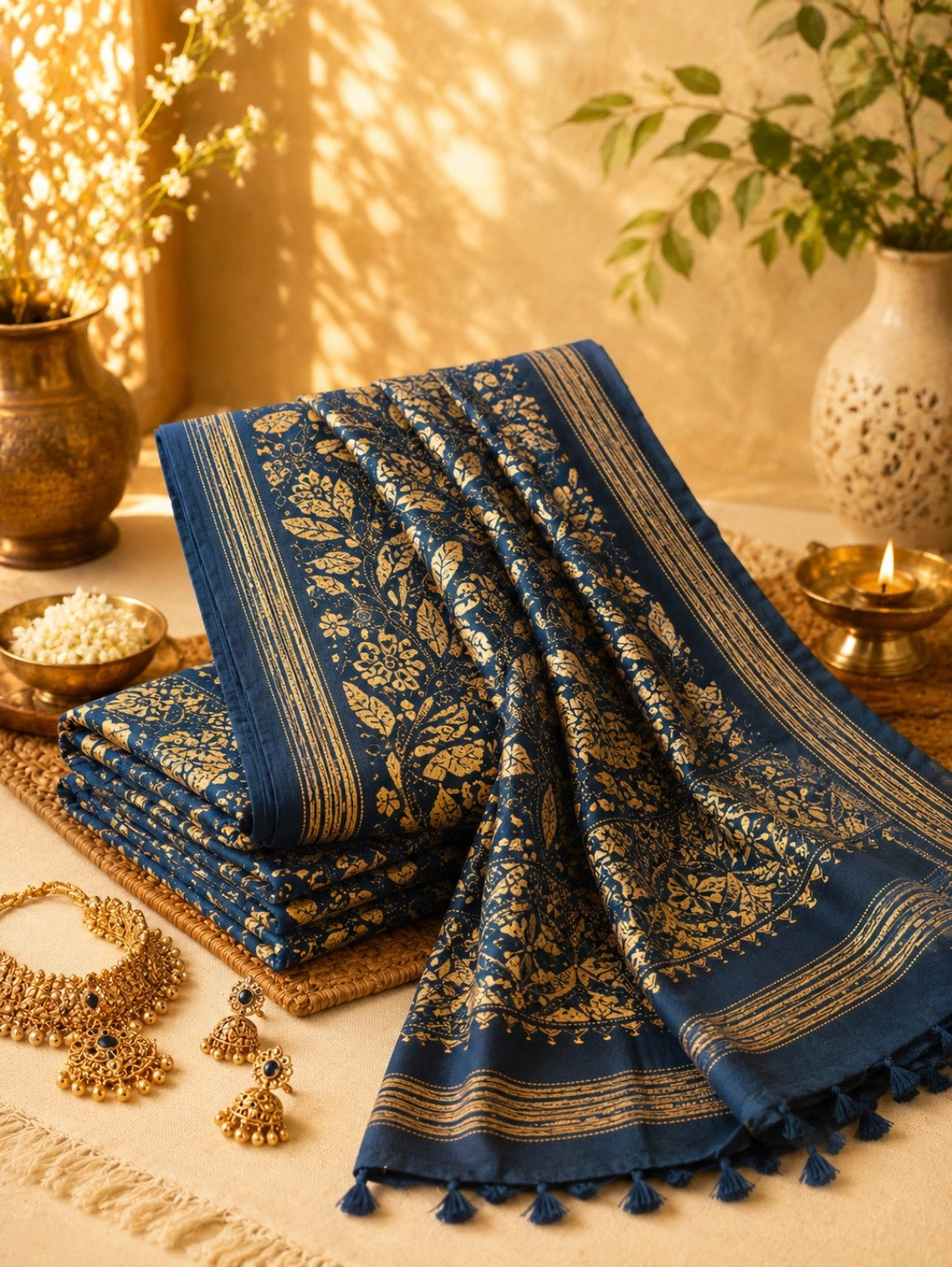 Royal Navy Blue Bangalore Silk Collage Katha Saree with Gold Floral Vine Artwork and Tassel Border