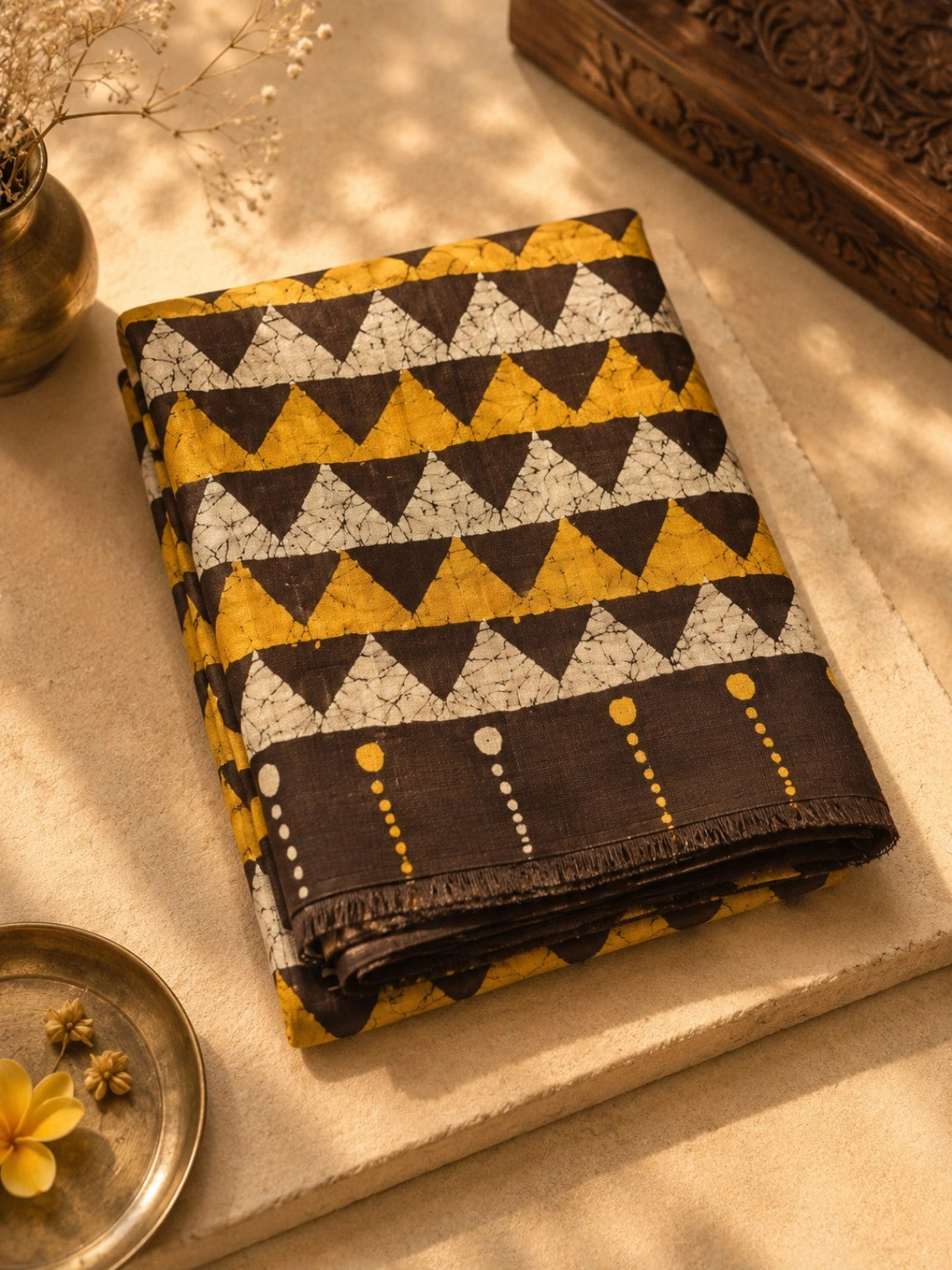 Mustard Yellow & Deep Brown Bishnupuri Silk Saree with Geometric Batik Triangle Pattern