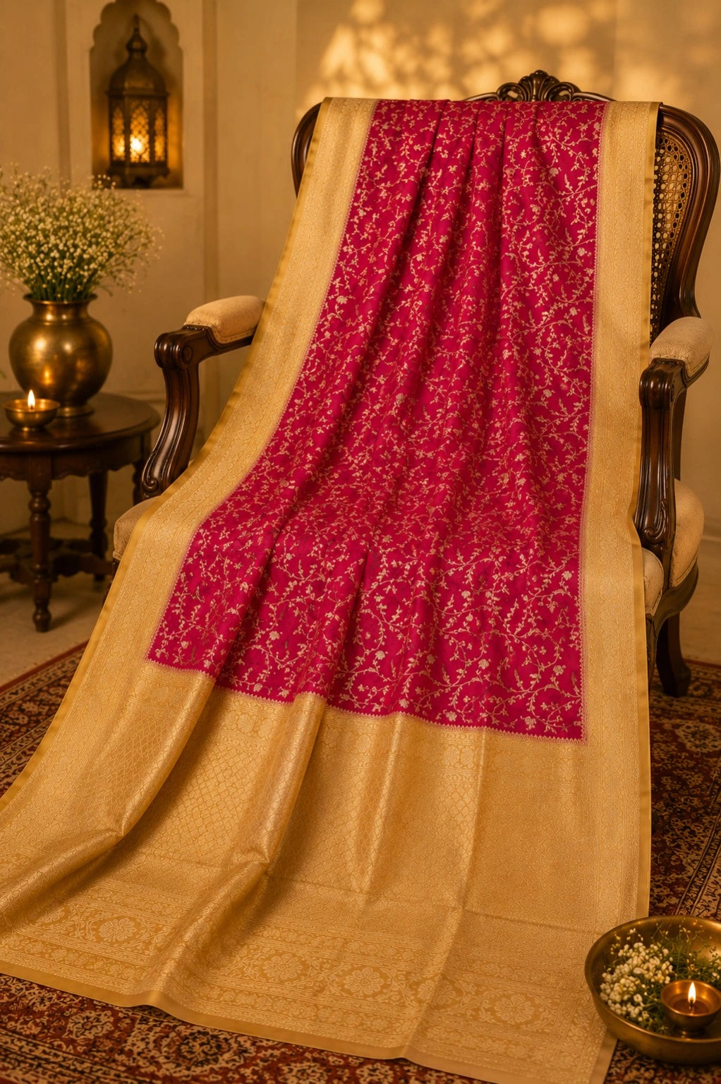 Rani Pink Pure Mashru Banarasi Saree with Gold Floral Vine Weaving and Rich Zari Border