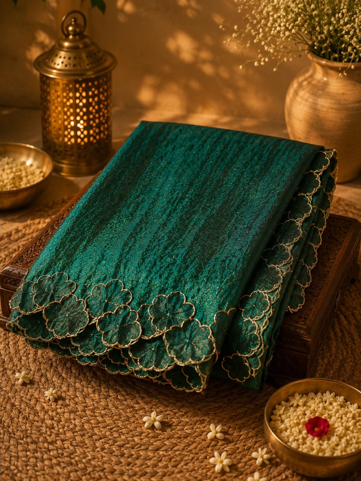 Teal Green Fandy Satin Embroidered Saree with Floral Scallop Border Party Wear Saree
