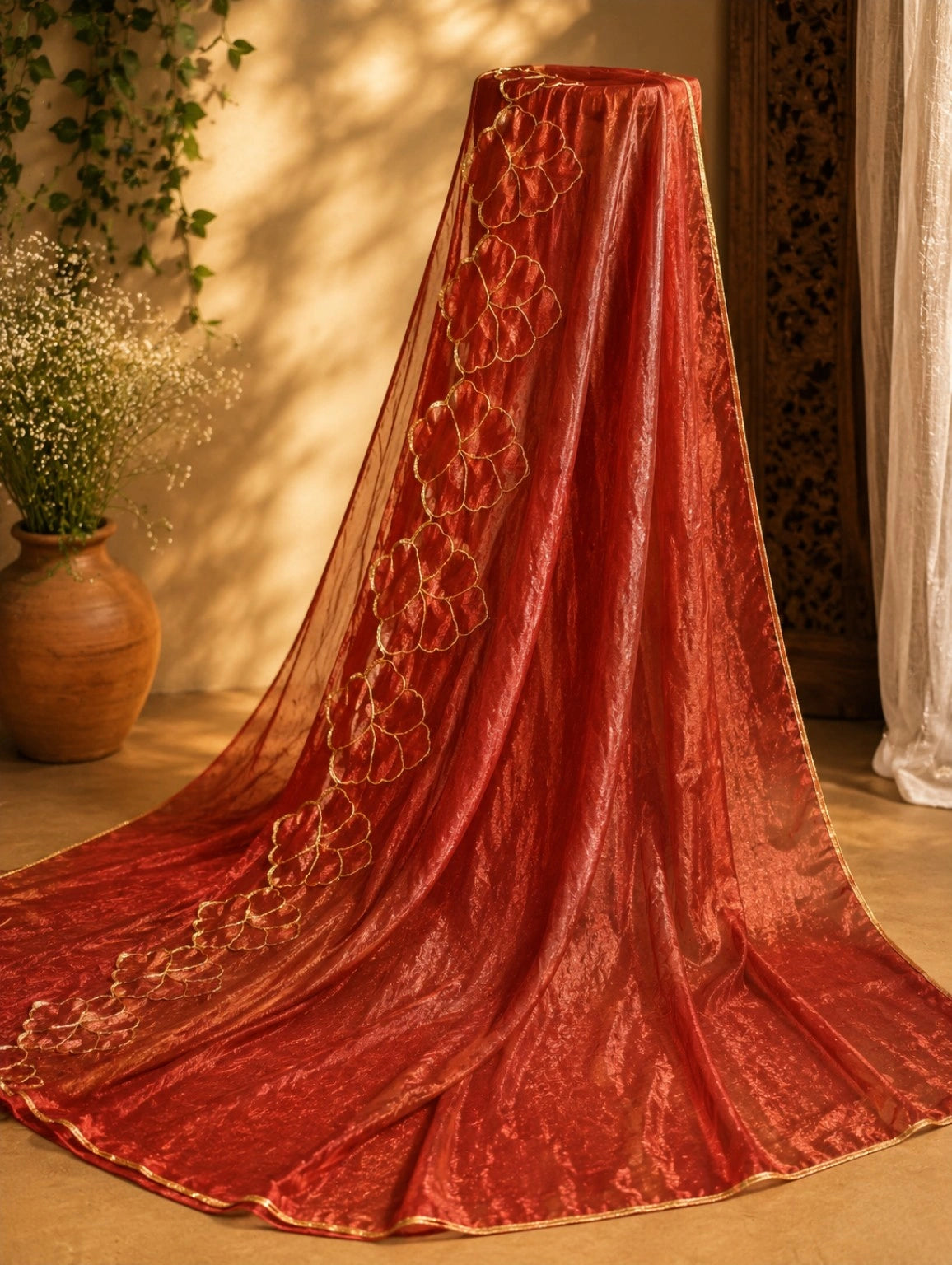 Red Fancy Satin Embroidered Saree with Gold Floral Border Design for Festive & Party Wear