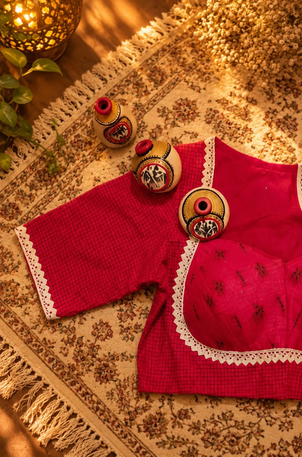 WEVOW Red Handloom Cotton Jacquard Lace Work Blouse for Women