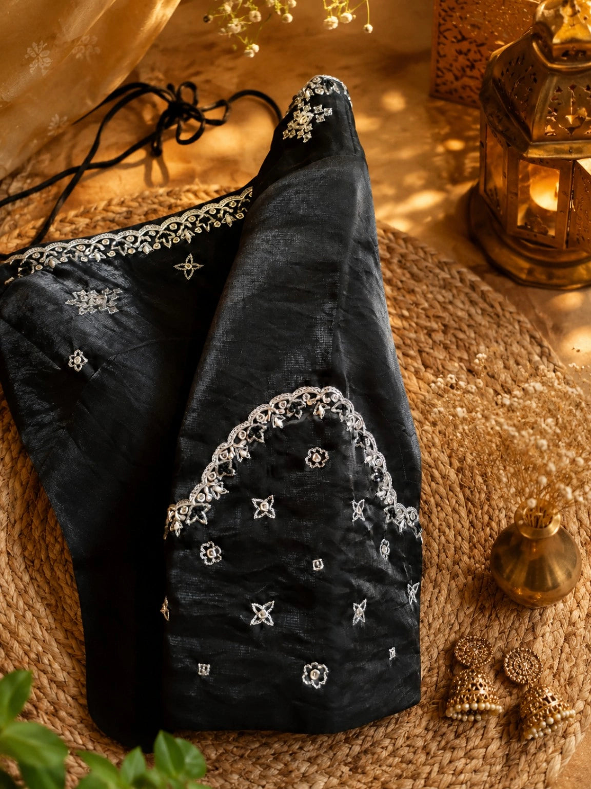 Black Satin Hand Work Saree Combo with Embroidered Blouse