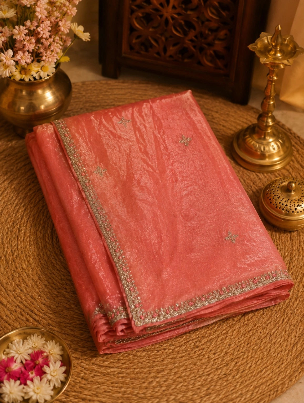 Peach Fancy Satin Hand Work Saree Combo with Blouse