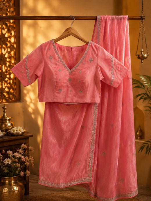 Peach Fancy Satin Hand Work Saree Combo with Blouse