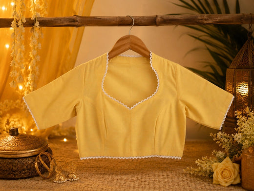 Yellow Cotton Thread Work Collar Blouse for Women
