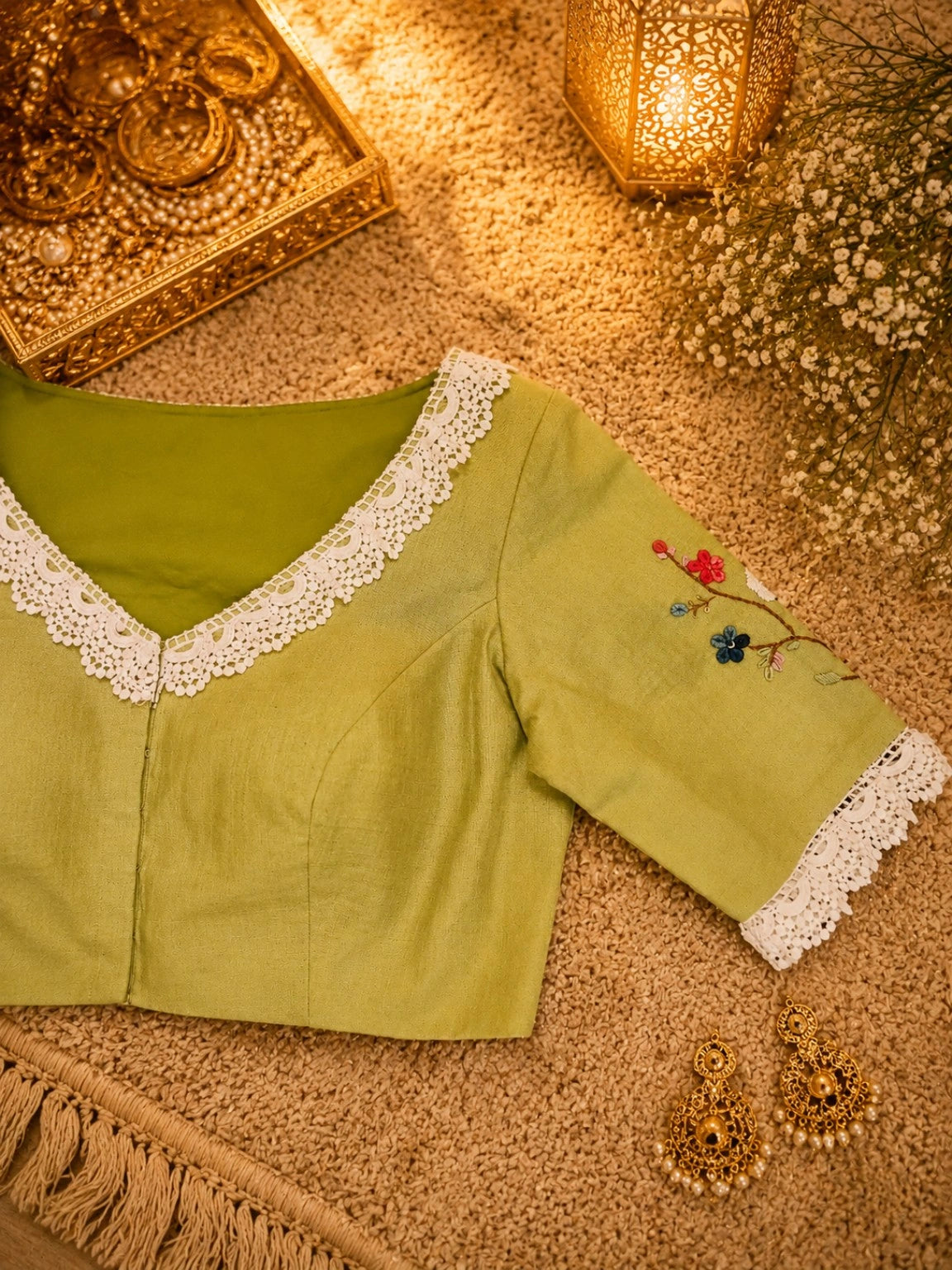 Pure Cotton Olive Green Thread Work Blouse for Women