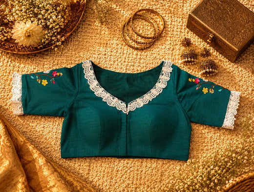 Teal Pure Cotton Air Neck Thread Work Blouse with Floral Embroidery & Crochet Lace