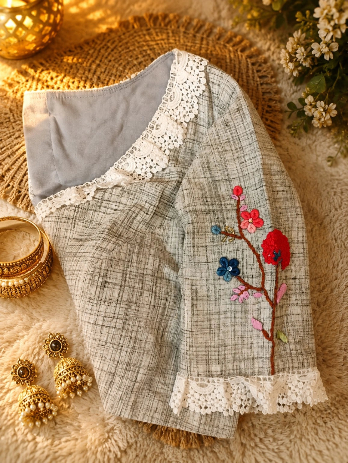 Pure Cotton Grey Thread Embroidered Floral Blouse for Women