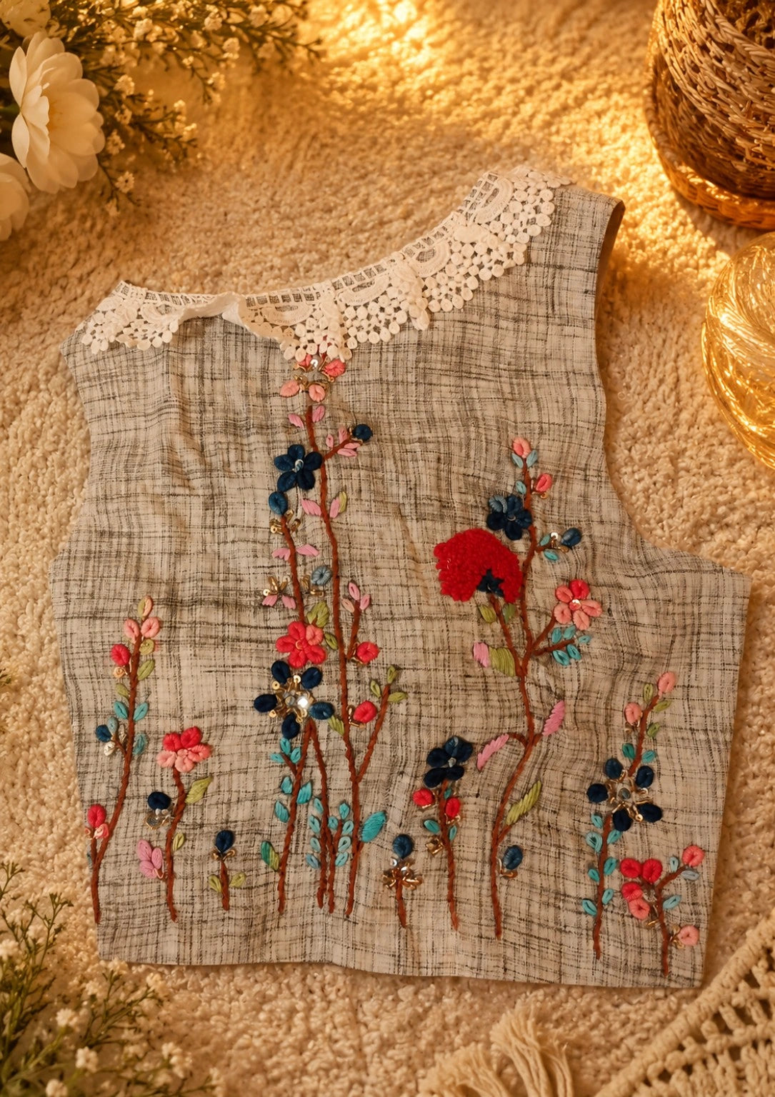 Grey Raw Silk Sweet Heart Sleeveless Floral Embroidered Blouse with Lace Neckline