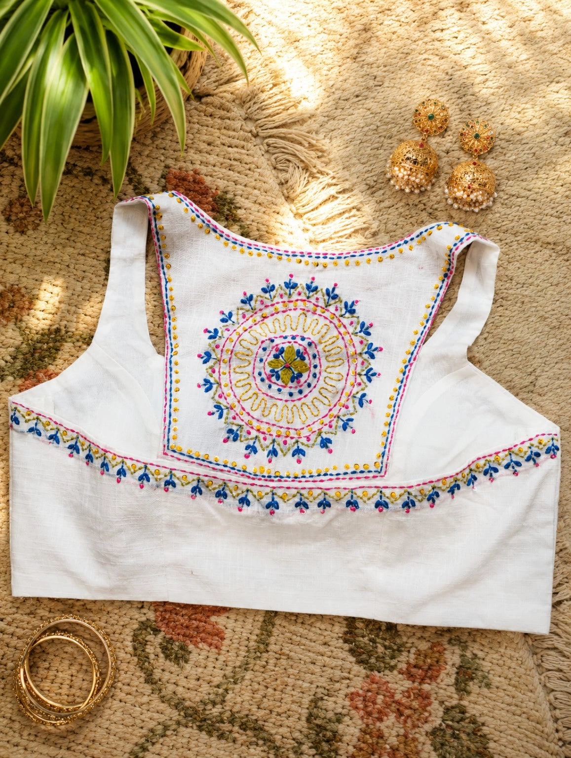 White Pure Cotton Razor Cut Thread Embroidered Sleeveless Blouse