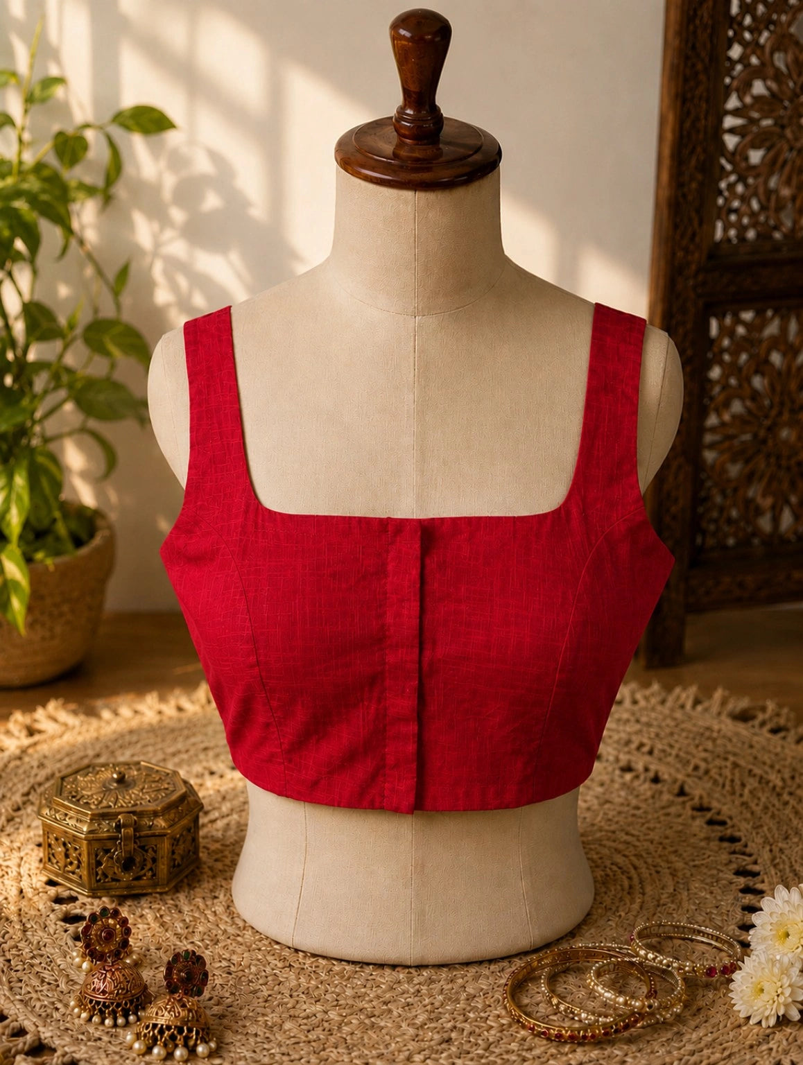 Pure Cotton Razor Cut Thread Red Sleeveless Square Neck Blouse for Women