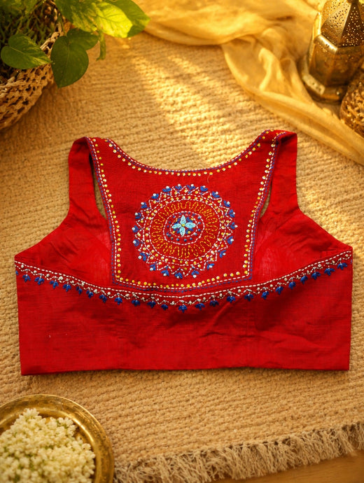 Pure Cotton Razor Cut Thread Red Sleeveless Square Neck Blouse for Women
